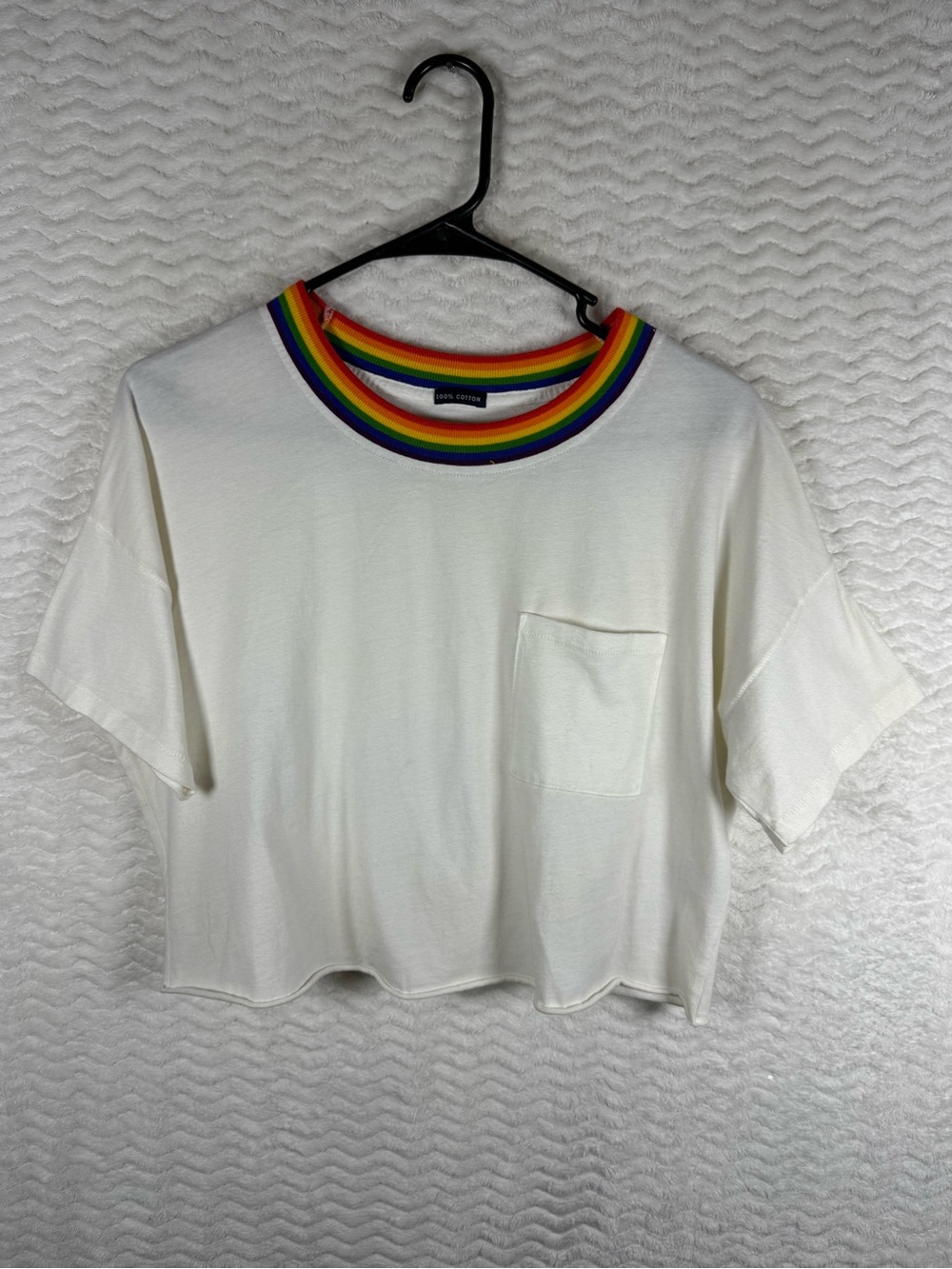 Abercrombie & Fitch White Cropped Pocket Tee with Rainbow Collar